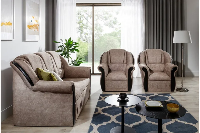 Fica Sofagruppe Sovesofa + 2 Lenestoler - Lær/Lysebrun - Møbler - Sofaer - Sofagrupper