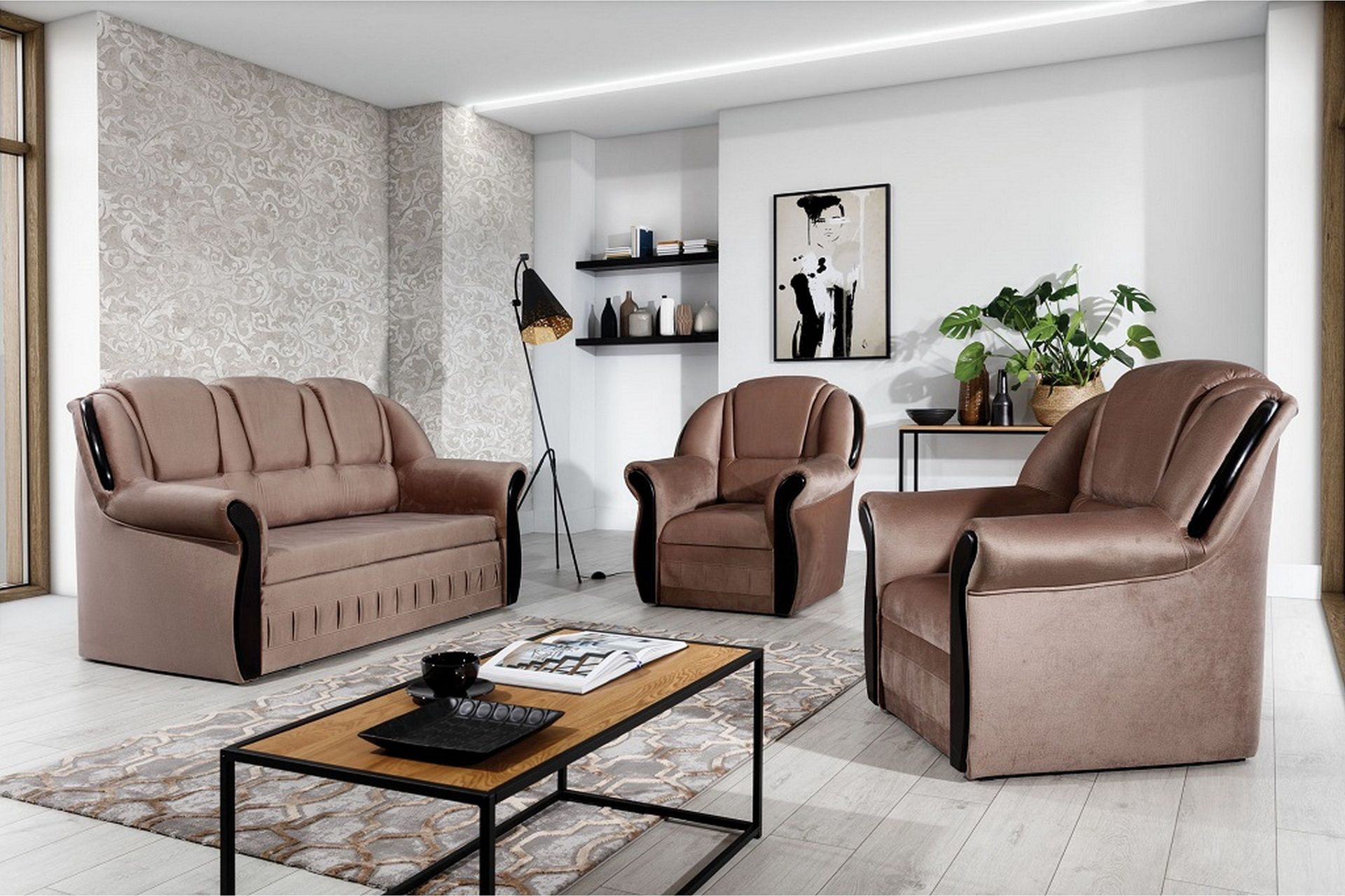 Fica Sofagruppe Sovesofa + 2 Lenestoler - Lær/Lysebrun