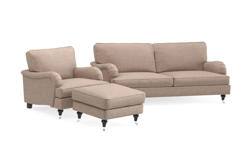 Howard Classic Sofagruppe 3-seters Sofa + Lenestol + Fotskammel i Stoff - Mørk beige - Møbler - Sofaer - Sofagrupper - Howard sofagruppe