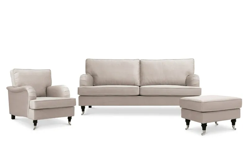 Howard Classic sofagruppe 3-seters sofa og lenestol samt fotskammel i fløyel, Beige