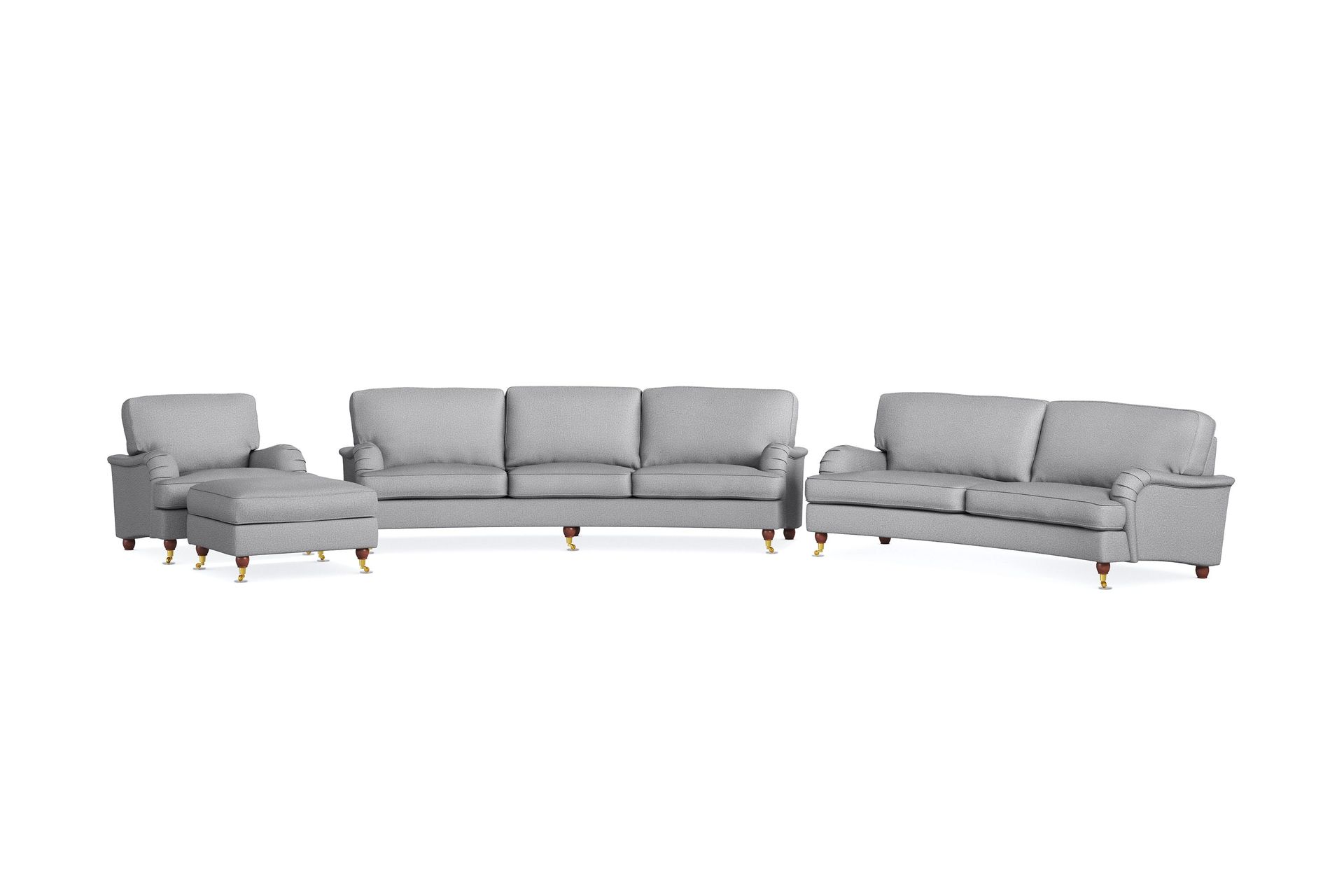 Howard Lyx Sofagruppe 4-seters + 3-seters Svingt Sofa + Lenestol + Fotskammel i Stoff - Lys grå