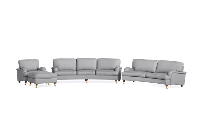 Howard Lyx Sofagruppe 4-seters + 3-seters Svingt Sofa + Lenestol + Fotskammel i Stoff, Lys grå