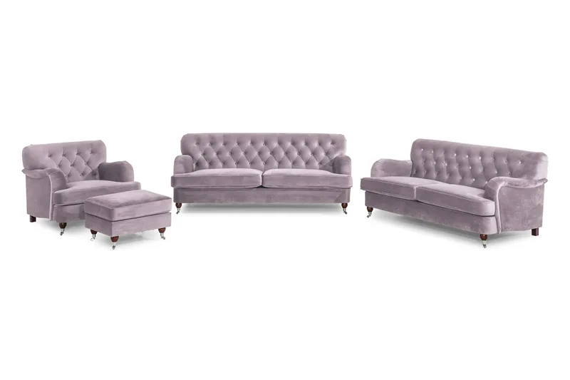 Howard Riviera Sofagruppe 3-seters + 2-seters Sofa + Lenestol + Fotskammel i Fløyel, Lilla
