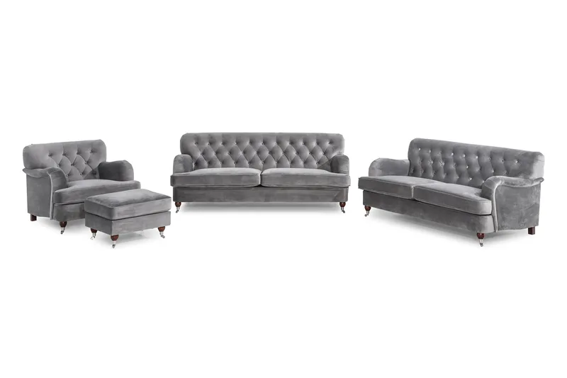Howard Riviera Sofagruppe 3-seters + 2-seters Sofa + Lenestol + Fotskammel i Fløyel, Lys grå