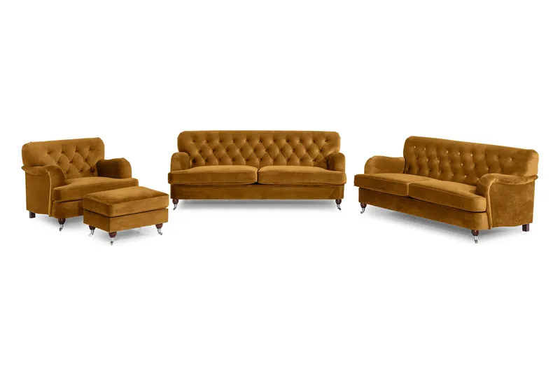 Howard Riviera Sofagruppe 3-seters + 2-seters Sofa + Lenestol + Fotskammel i Fløyel, Mørk gul