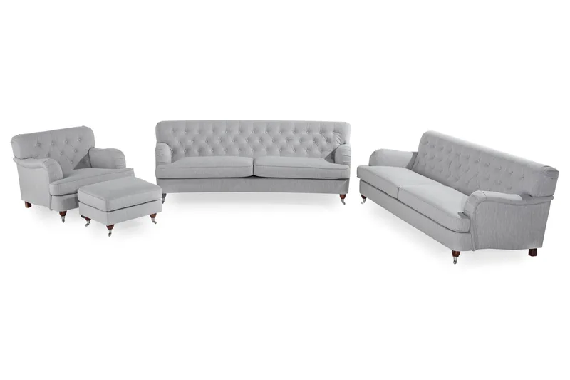 Howard Riviera Sofagruppe Bøyd 3-seter + 2-seter Sofa + Lenestol + Fotskammel i Stoff, Grå