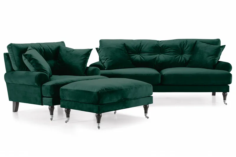 Andrew Sofagruppe 2-seter Sofa + Lenestol + Fotskammel i Fløyel - Grønn - Møbler - Sofaer - Sofagrupper - Howard sofagruppe