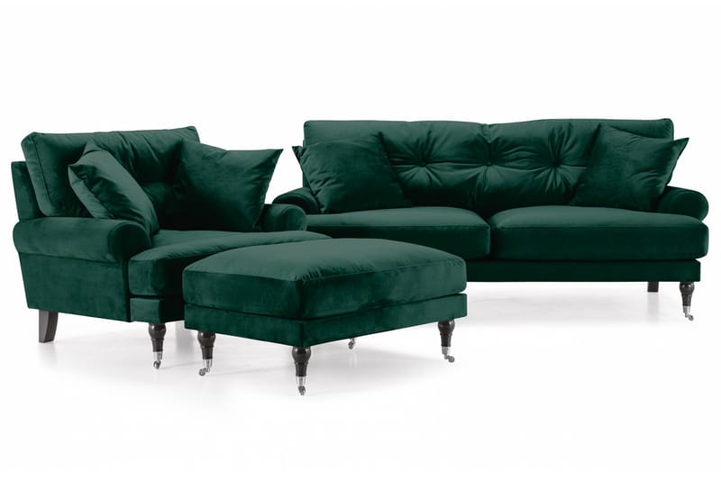 Andrew Sofagruppe 2-seter Sofa + Lenestol + Fotskammel i Fløyel - Grønn - Møbler - Sofaer - Sofagrupper - Howard sofagruppe