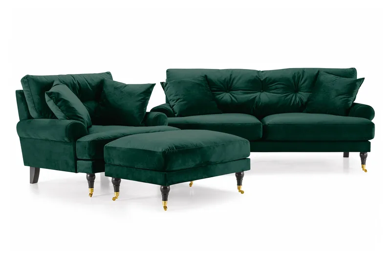 Andrew Sofagruppe 2-seter Sofa + Lenestol + Fotskammel i Fløyel - Grønn - Møbler - Sofaer - Sofagrupper - Howard sofagruppe