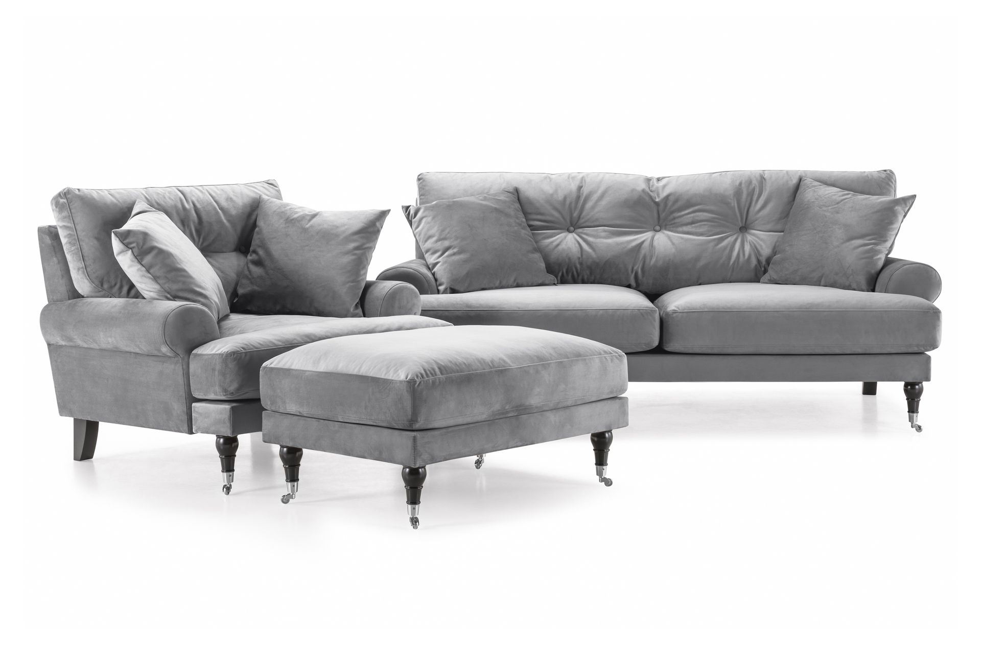 Andrew Sofagruppe 2-seter Sofa + Lenestol + Fotskammel i Fløyel - Lys grå - Møbler - Sofaer - Sofagrupper - Howard sofagruppe
