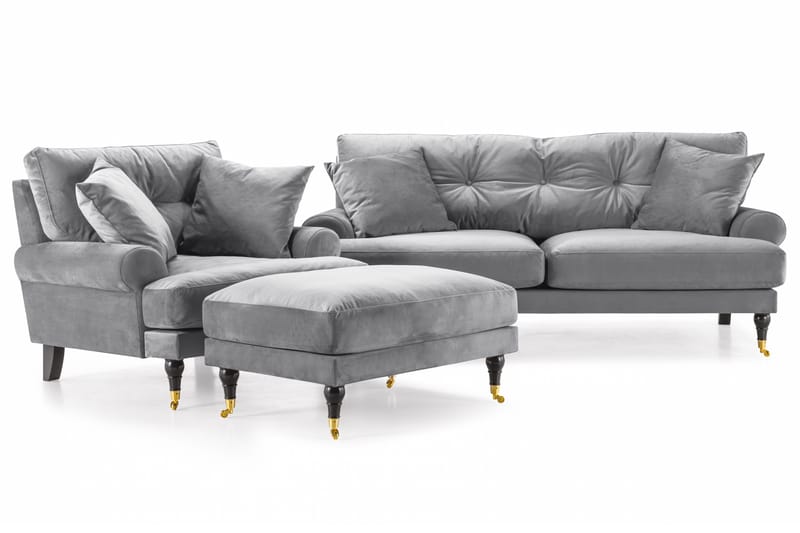 Andrew Sofagruppe 2-seter Sofa + Lenestol + Fotskammel i Fløyel, Lys grå