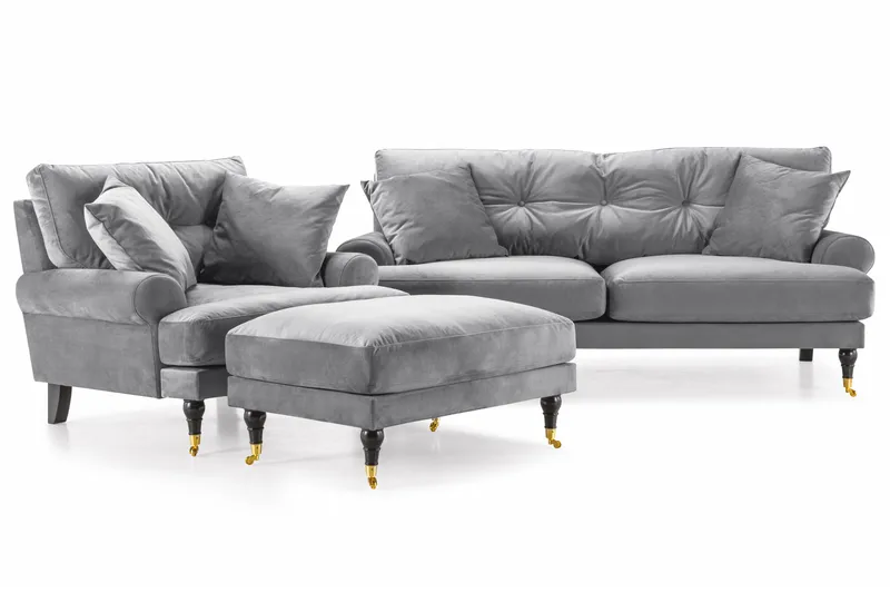 Andrew Sofagruppe 2-seter Sofa + Lenestol + Fotskammel i Fløyel - Lys grå - Møbler - Sofaer - Sofagrupper - Howard sofagruppe