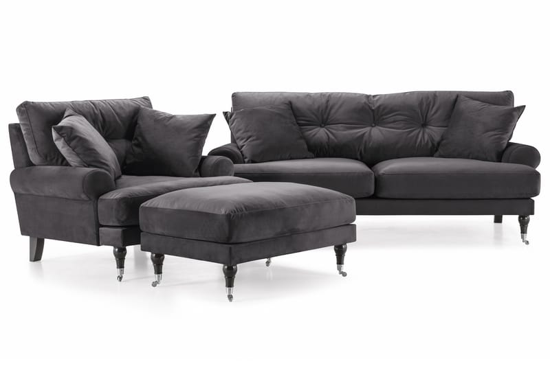 Andrew Sofagruppe 2-seter Sofa + Lenestol + Fotskammel i Fløyel - Mørk grå - Møbler - Sofaer - Sofagrupper - Howard sofagruppe