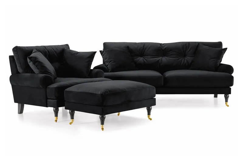 Andrew Sofagruppe 2-seter Sofa + Lenestol + Fotskammel i Fløyel - Svart - Møbler - Sofaer - Sofagrupper - Howard sofagruppe