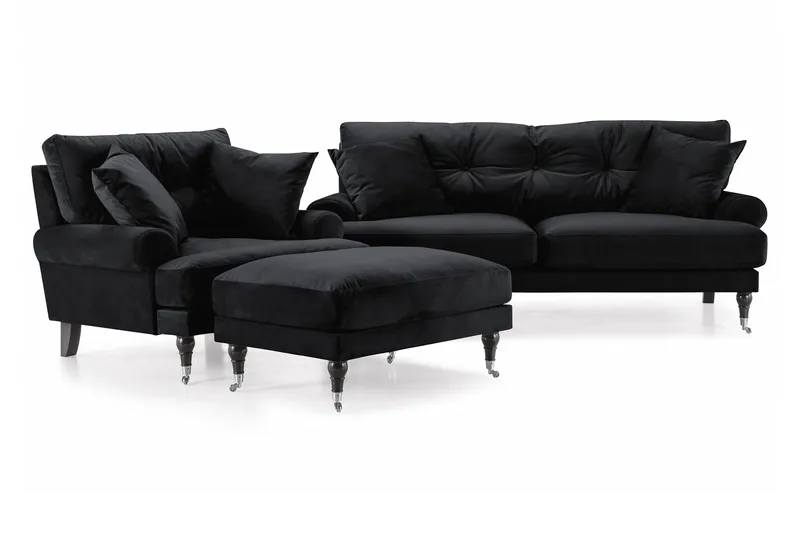 Andrew Sofagruppe 2-seter Sofa + Lenestol + Fotskammel i Fløyel - Svart - Møbler - Sofaer - Sofagrupper - Howard sofagruppe