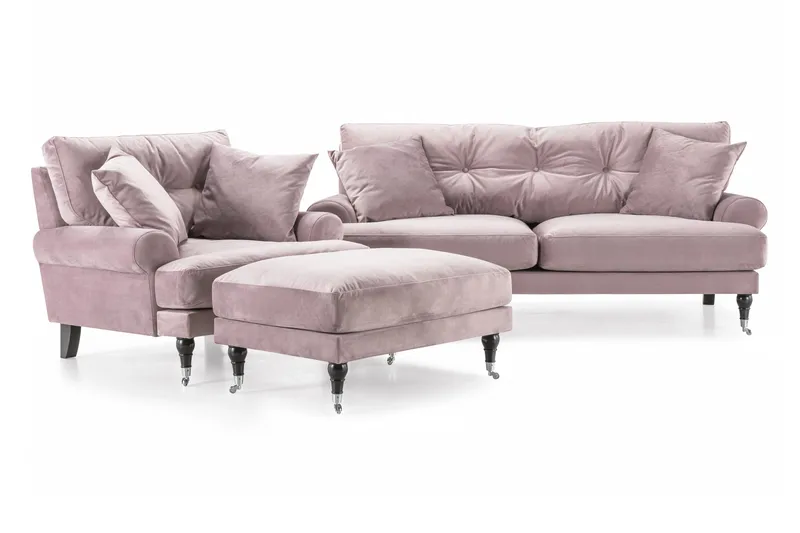 Andrew Sofagruppe 2-seter Sofa + Lenestol + Fotskammel i Fløyel, Lilla