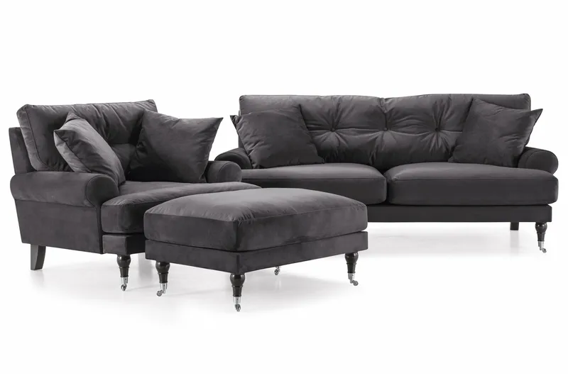 Andrew Sofagruppe 2-seter Sofa + Lenestol + Fotskammel i Fløyel - Mørk grå - Møbler - Sofaer - Sofagrupper - Howard sofagruppe