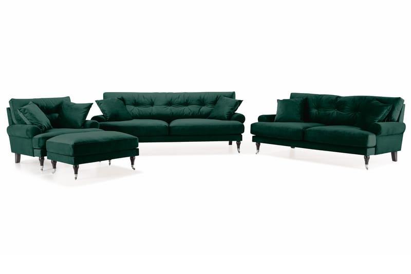 Andrew Sofagruppe 3-seter + 2-seter Sofa + Lenestol + Fotskammel i Fløyel - Grønn - Møbler - Sofaer - Sofagrupper - Howard sofagruppe