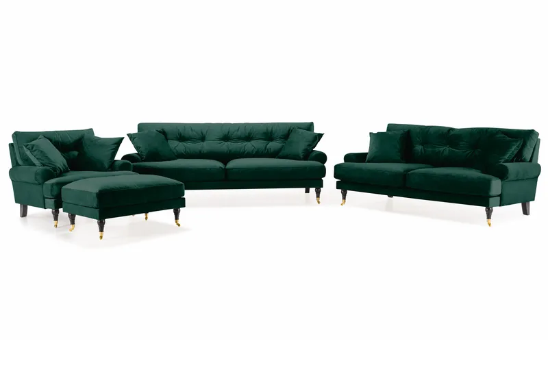Andrew Sofagruppe 3-seter + 2-seter Sofa + Lenestol + Fotskammel i Fløyel - Grønn - Møbler - Sofaer - Sofagrupper - Howard sofagruppe