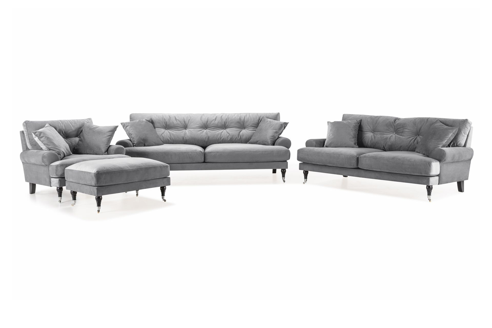Andrew Sofagruppe 3-seter + 2-seter Sofa + Lenestol + Fotskammel i Fløyel - Lys grå - Møbler - Sofaer - Sofagrupper - Howard sofagruppe