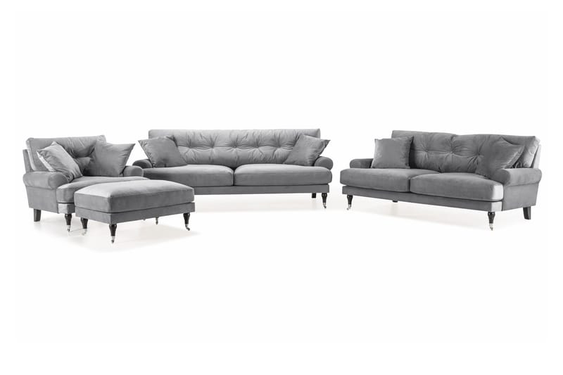 Andrew Sofagruppe 3-seter + 2-seter Sofa + Lenestol + Fotskammel i Fløyel - Lys grå - Møbler - Sofaer - Sofagrupper - Howard sofagruppe