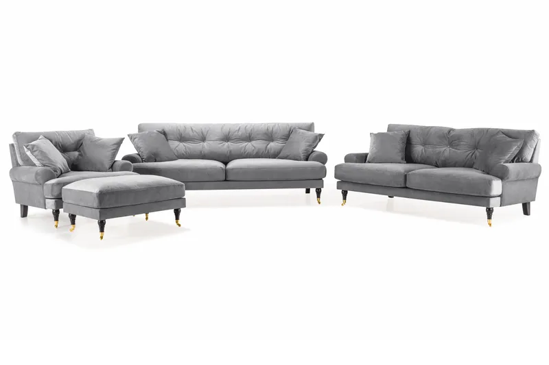 Andrew Sofagruppe 3-seter + 2-seter Sofa + Lenestol + Fotskammel i Fløyel - Lys grå - Møbler - Sofaer - Sofagrupper - Howard sofagruppe