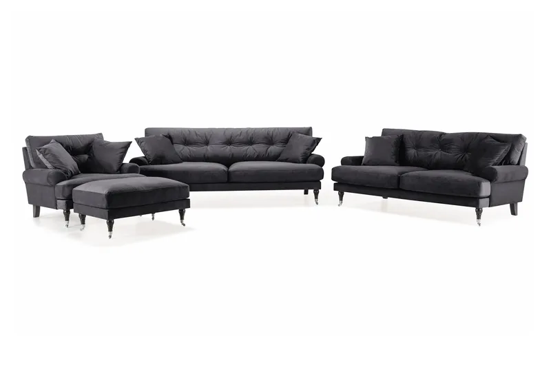 Andrew Sofagruppe 3-seter + 2-seter Sofa + Lenestol + Fotskammel i Fløyel - Mørk grå - Møbler - Sofaer - Sofagrupper - Howard sofagruppe