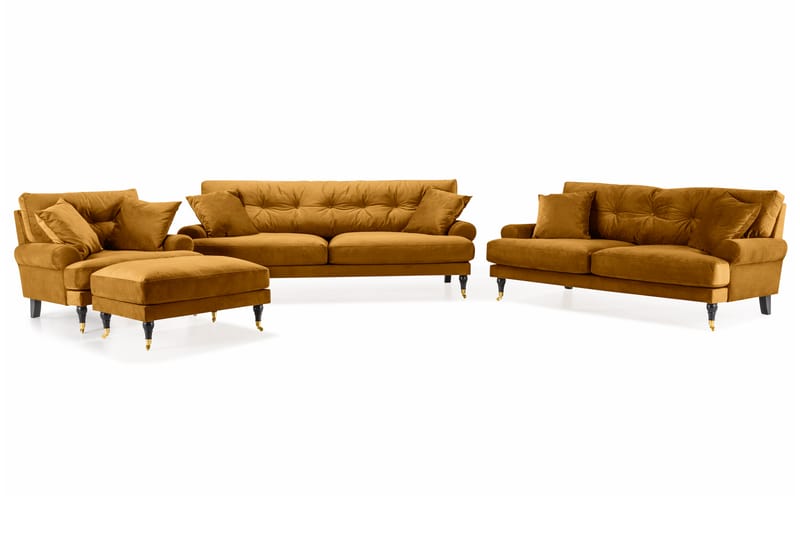 Andrew Sofagruppe 3-seter + 2-seter Sofa + Lenestol + Fotskammel i Fløyel - Mørk gul - Møbler - Sofaer - Sofagrupper - Howard sofagruppe
