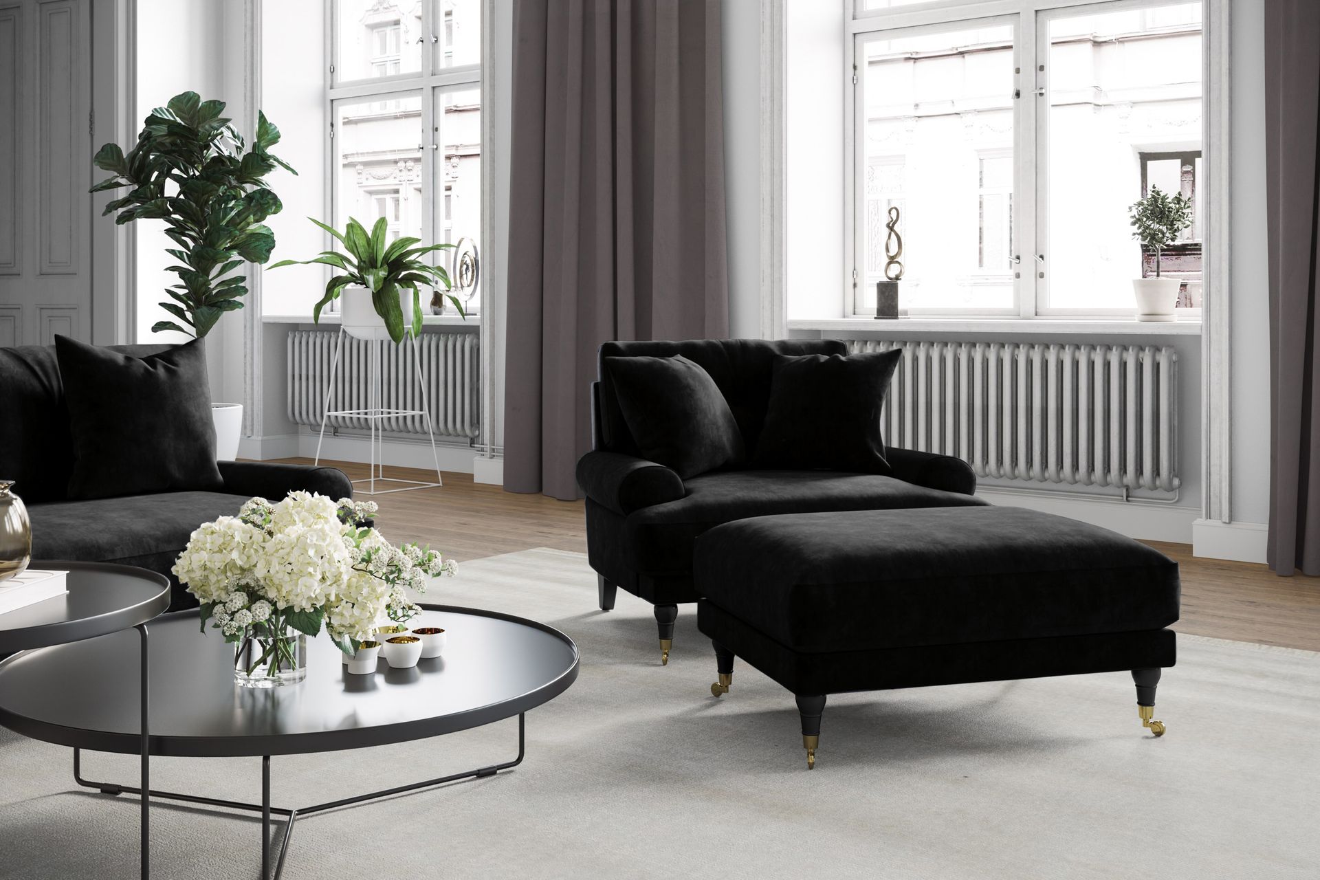 Andrew Sofagruppe 3-seter + 2-seter Sofa + Lenestol + Fotskammel i Fløyel - Svart - Møbler - Sofaer - Sofagrupper - Howard sofagruppe