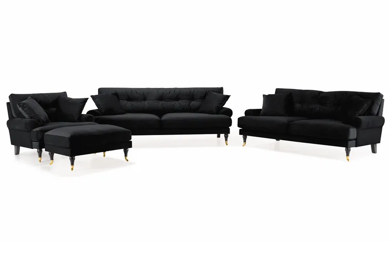 Andrew Sofagruppe 3-seter + 2-seter Sofa + Lenestol + Fotskammel i Fløyel - Svart - Møbler - Sofaer - Sofagrupper - Howard sofagruppe