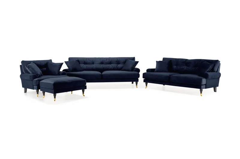Andrew Sofagruppe 3-seter + 2-seter Sofa + Lenestol + Fotskammel i Fløyel - Blå - Møbler - Sofaer - Sofagrupper - Howard sofagruppe