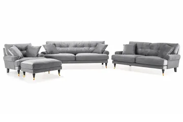 Andrew Sofagruppe 3-seter + 2-seter Sofa + Lenestol + Fotskammel i Fløyel