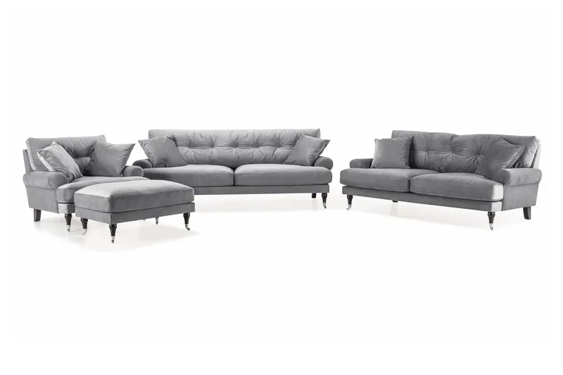 Andrew Sofagruppe 3-seter + 2-seter Sofa + Lenestol + Fotskammel i Fløyel, Lys grå