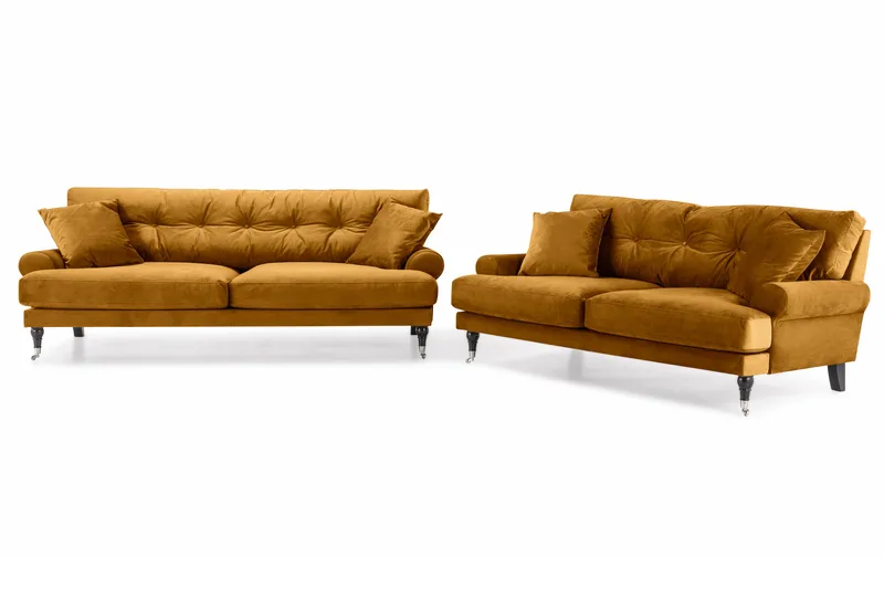 Andrew Sofagruppe 3-seter + 2-seter Sofa + Lenestol + Fotskammel i Fløyel, Mørk gul