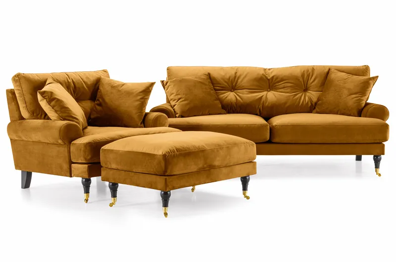 Andrew Sofagruppe 3-seter + 2-seter Sofa + Lenestol + Fotskammel i Fløyel, Mørk gul