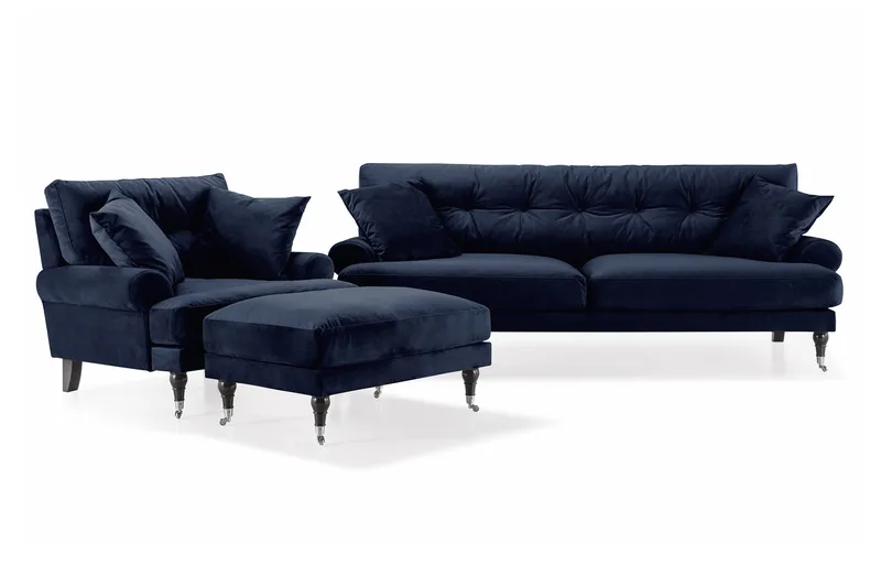 Andrew Sofagruppe 3-seter Sofa + Lenestol + Fotskammel i Fløyel, Blå