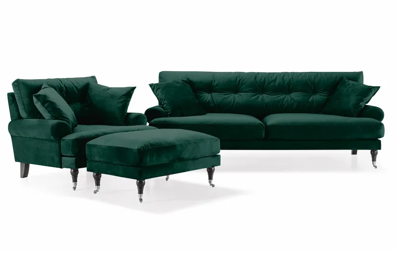 Andrew Sofagruppe 3-seter Sofa + Lenestol + Fotskammel i Fløyel, Grønn