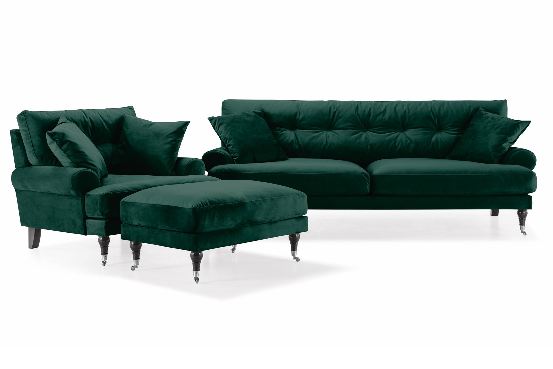 Andrew Sofagruppe 3-seter Sofa + Lenestol + Fotskammel i Fløyel - Grønn - Møbler - Sofaer - Sofagrupper - Howard sofagruppe
