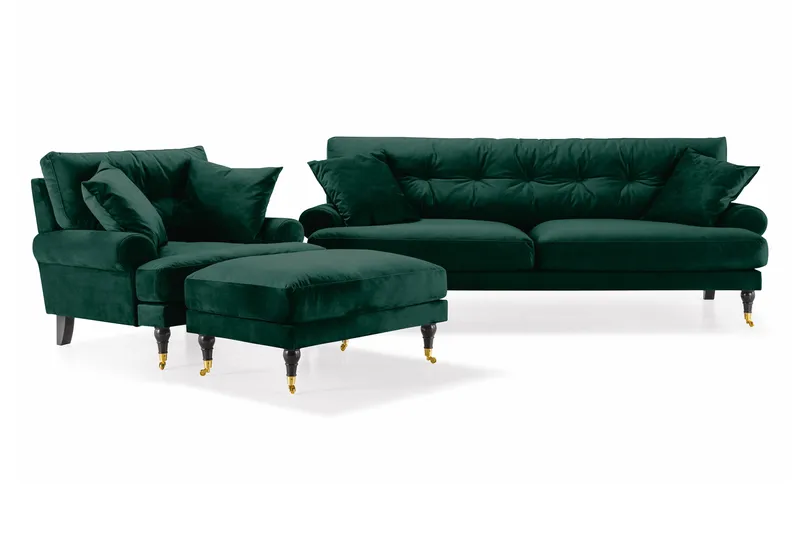 Andrew Sofagruppe 3-seter Sofa + Lenestol + Fotskammel i Fløyel, Grønn