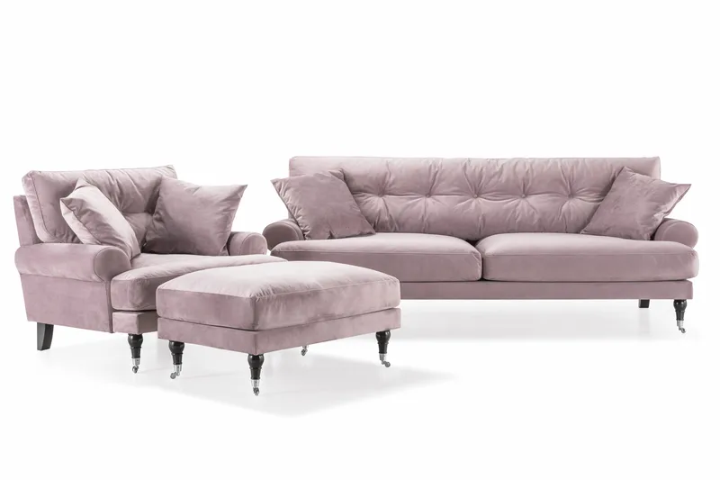 Andrew Sofagruppe 3-seter Sofa + Lenestol + Fotskammel i Fløyel, Lilla