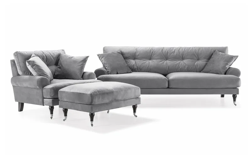 Andrew Sofagruppe 3-seter Sofa + Lenestol + Fotskammel i Fløyel - Lys grå - Møbler - Sofaer - Sofagrupper - Howard sofagruppe