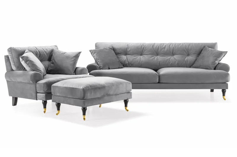 Andrew Sofagruppe 3-seter Sofa + Lenestol + Fotskammel i Fløyel - Lys grå - Møbler - Sofaer - Sofagrupper - Howard sofagruppe