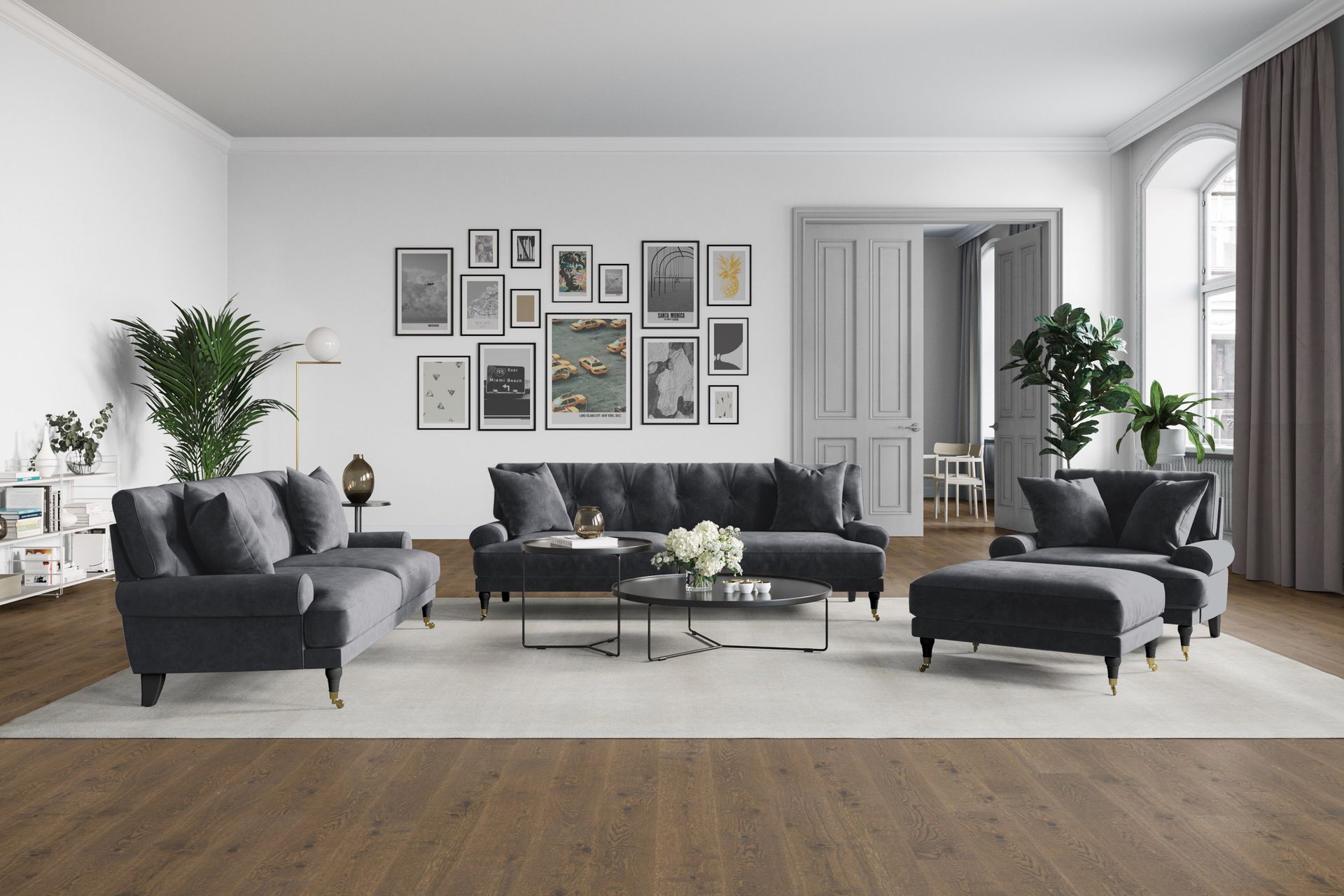 Andrew Sofagruppe 3-seter Sofa + Lenestol + Fotskammel i Fløyel - Mørk grå - Møbler - Sofaer - Sofagrupper - Howard sofagruppe