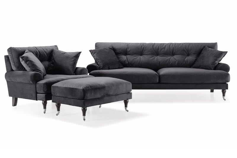 Andrew Sofagruppe 3-seter Sofa + Lenestol + Fotskammel i Fløyel - Mørk grå - Møbler - Sofaer - Sofagrupper - Howard sofagruppe