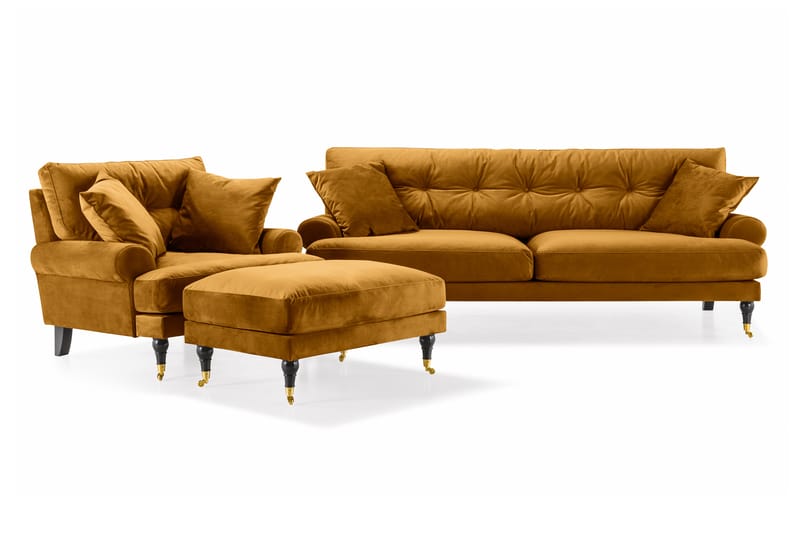 Andrew Sofagruppe 3-seter Sofa + Lenestol + Fotskammel i Fløyel - Mørk gul - Møbler - Sofaer - Sofagrupper - Howard sofagruppe