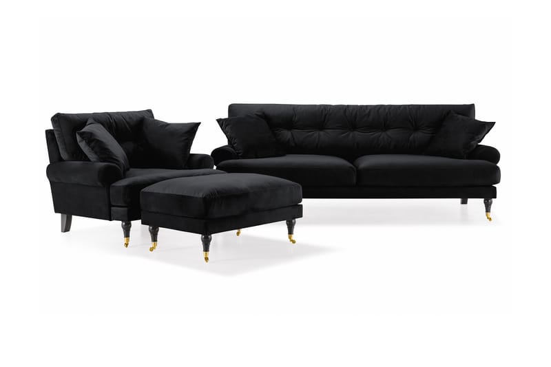 Andrew Sofagruppe 3-seter Sofa + Lenestol + Fotskammel i Fløyel - Svart - Møbler - Sofaer - Sofagrupper - Howard sofagruppe