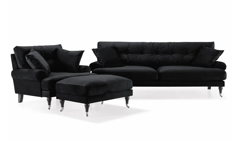 Andrew Sofagruppe 3-seter Sofa + Lenestol + Fotskammel i Fløyel - Svart - Møbler - Sofaer - Sofagrupper - Howard sofagruppe