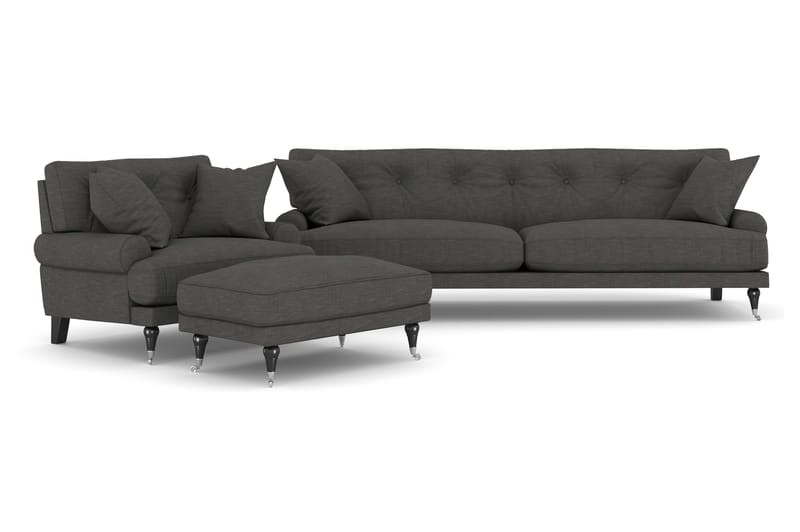 Andrew Sofagruppe 3-seter Sofa + Lenestol + Fotskammel i Stoff, Mørk grå