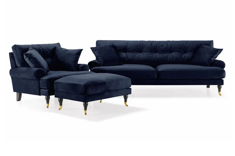 Andrew Sofagruppe 3-seter Sofa + Lenestol + Fotskammel i Fløyel, Blå