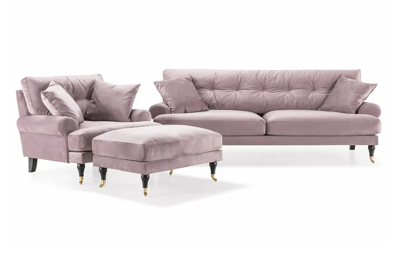 Andrew Sofagruppe 3-seter Sofa + Lenestol + Fotskammel i Fløyel, Lilla